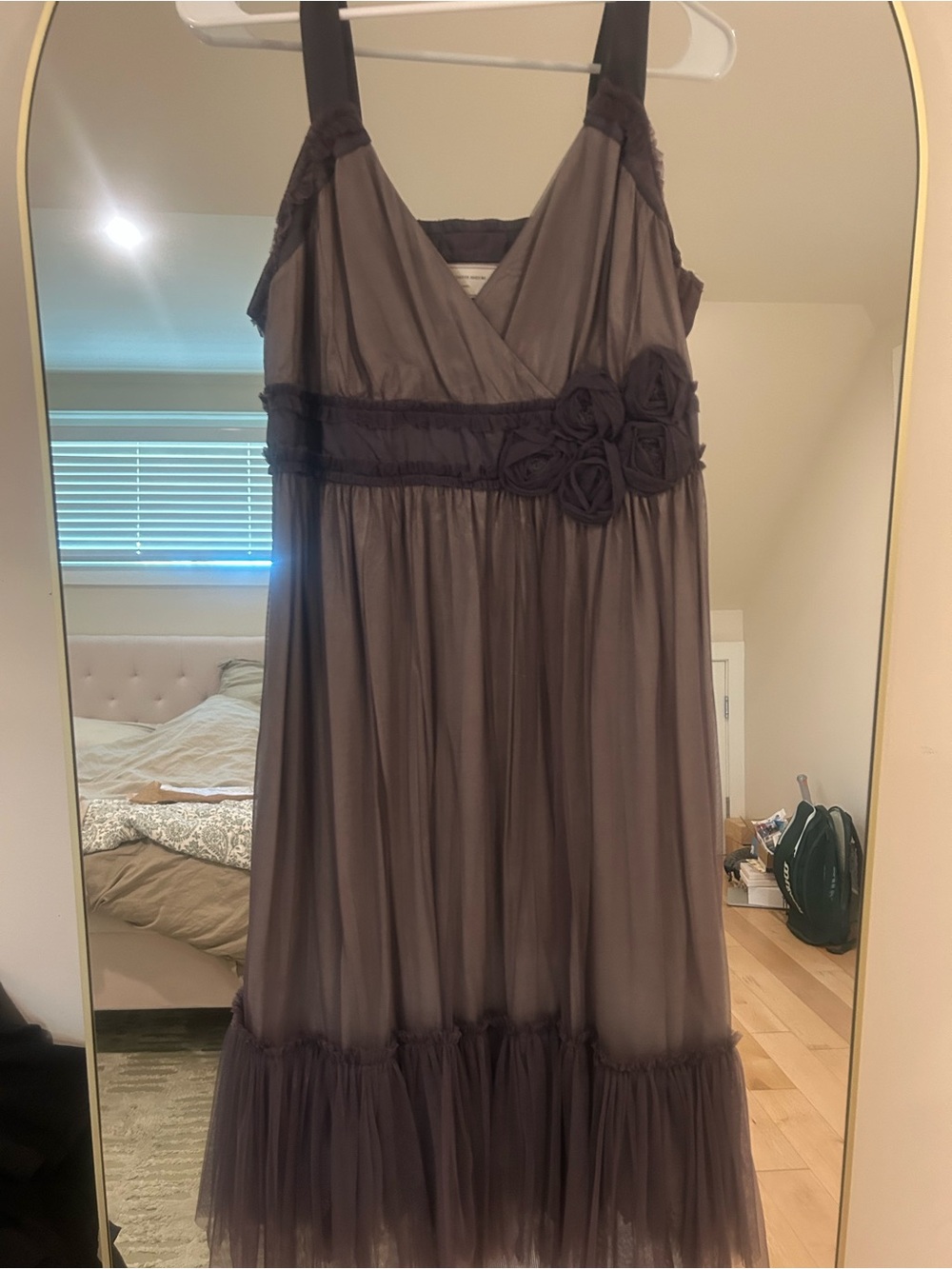 Moulinette Soeurs Taupe Brown Floral-Appliqué Sleeveless Prom Dress